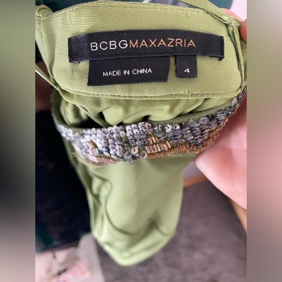 BCBG MaxAzria mini dress one shoulder, olive sz4 gold/silver embellishedLike new - Picture 7 of 12